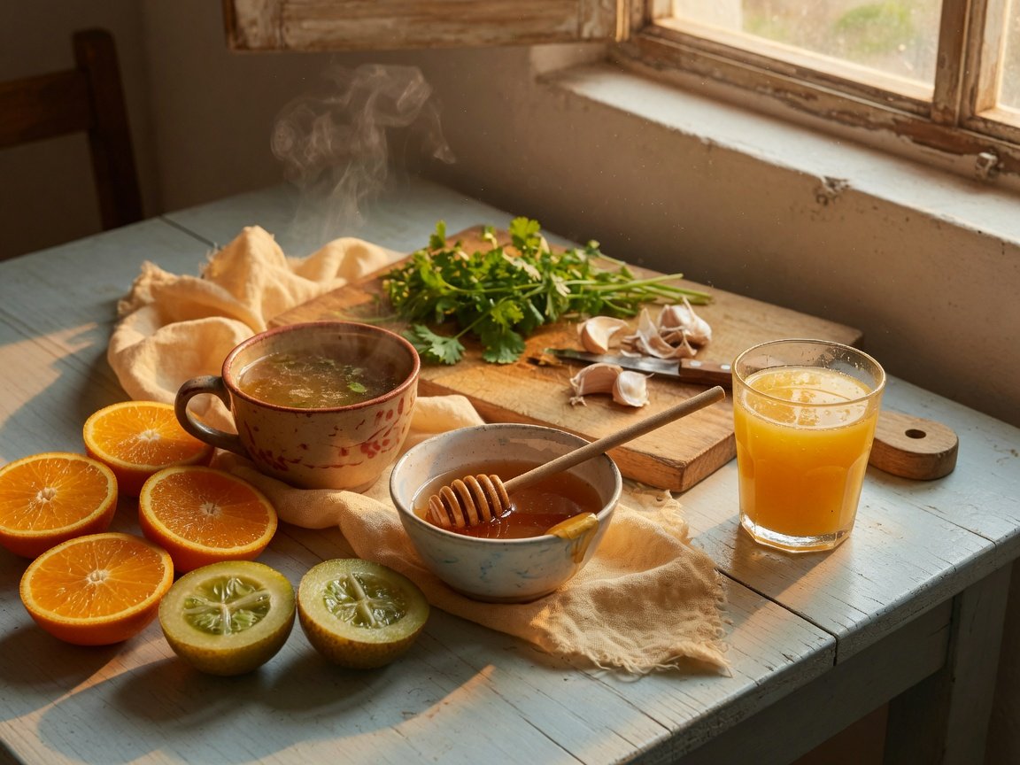 Alimentos de apoyo: naranja, miel, caldo