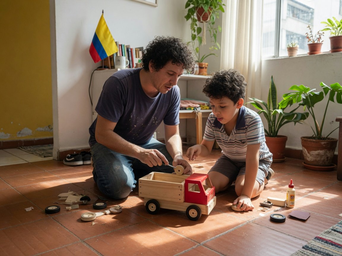 Papá y hijo armando un camión de madera